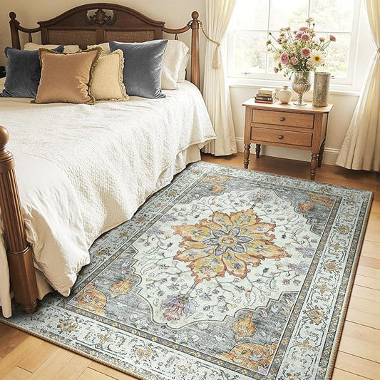RELEANY Area Rugs 4'x5' Washable Non-Slip, Floral Vintage Distress Medallion Carpet for Living Room Bedroom Dining Room, Beige Carbon Grey Orange