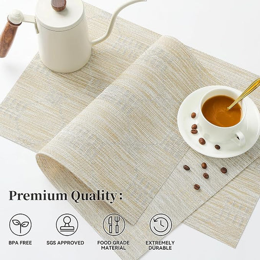 Leetaltree Wheat Placemats Set of 12 - Heat Resistant Non-Slip Place mats for Dining Table, Washable Durable PVC Vinyl Woven Table Mats(Wheat, 12)