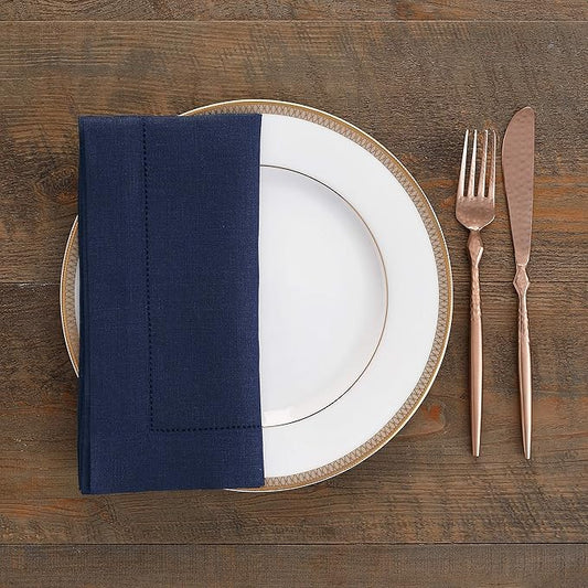 Solino Home Navy Blue Linen Napkins Set of 4-100% Pure Linen Hemstitch Dinner Napkins 20 x 20 Inch for Winter, Easter - Classic Hemstitch
