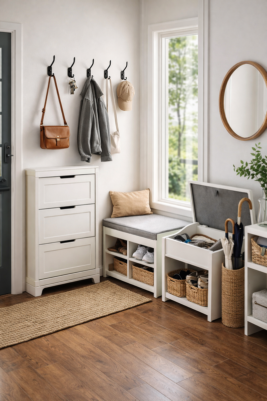 Modern organized entryway featuring wall hooks for bags and jackets, a slim shoe cabinet, a storage bench with baskets, and an umbrella stand in a bright, minimalist space.