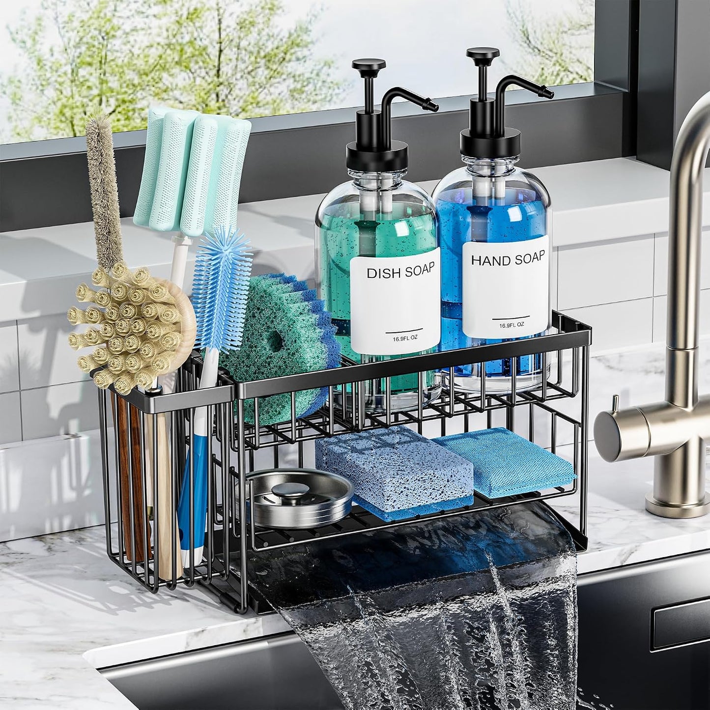 Kitchen Soap Dispenser Set with 2 Tier Sink Caddy with 17oz Glass Bottle | Large Capacity, Automatically Drains Water and Includes a Brush Holder for Storing Long Brushes