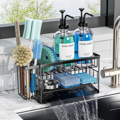 Kitchen Soap Dispenser Set with 2 Tier Sink Caddy with 17oz Glass Bottle | Large Capacity, Automatically Drains Water and Includes a Brush Holder for Storing Long Brushes