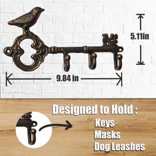 IRISVITA Key Hook for Home Decorative, Vintage Bronze Cast Iron Key Holder with 3 Hooks - Antique Bird Wall Art for Organizing Keys