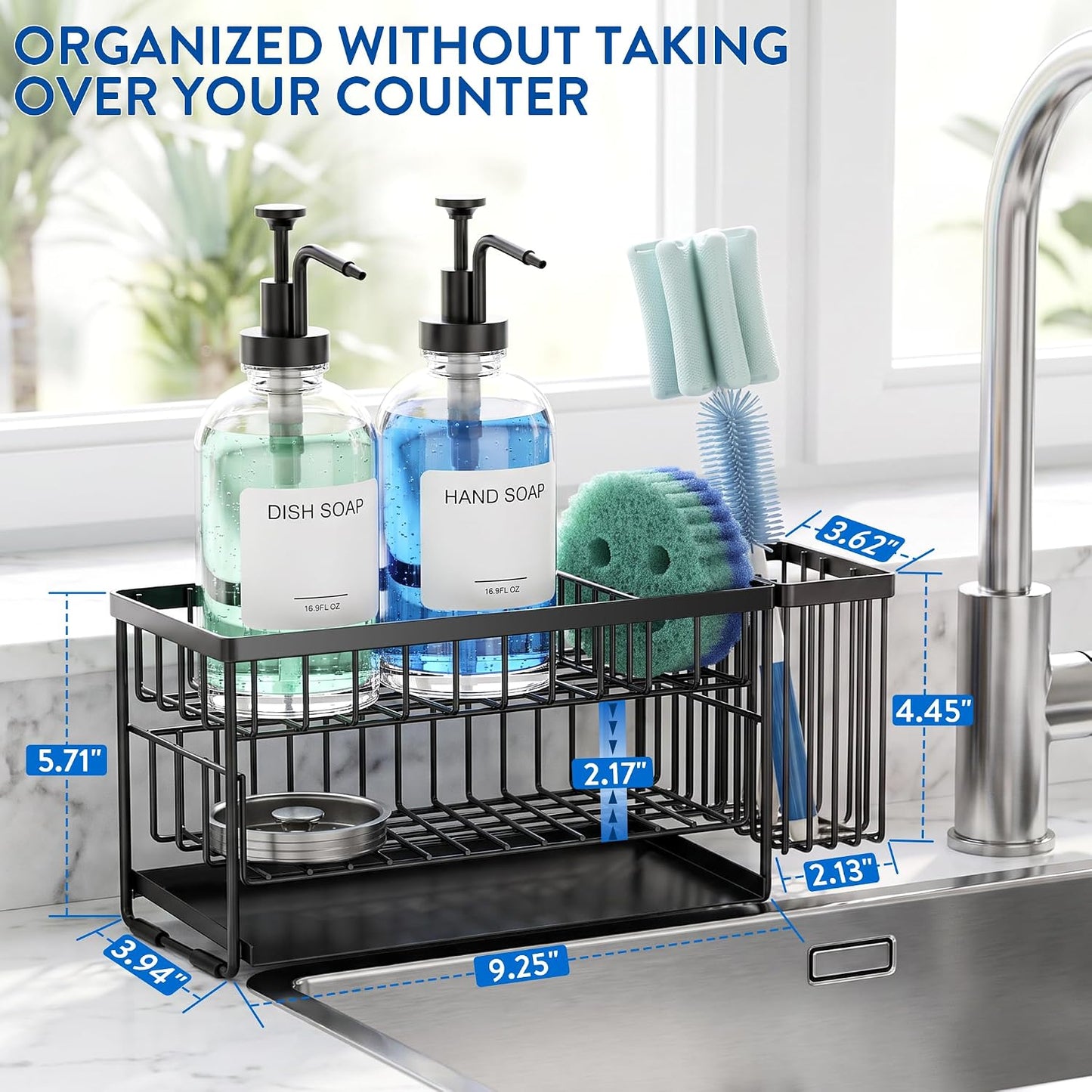 Kitchen Soap Dispenser Set with 2 Tier Sink Caddy with 17oz Glass Bottle | Large Capacity, Automatically Drains Water and Includes a Brush Holder for Storing Long Brushes
