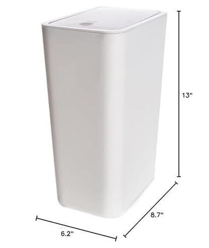 Compact Push-in Trash Can with Lid for Bathrooms, Kitchens, Living Rooms, Offices, Etc., Trash Can with Pop-Up Lid, 10 Liter/2.6 Gallon Slimline (White，2 Pieces)