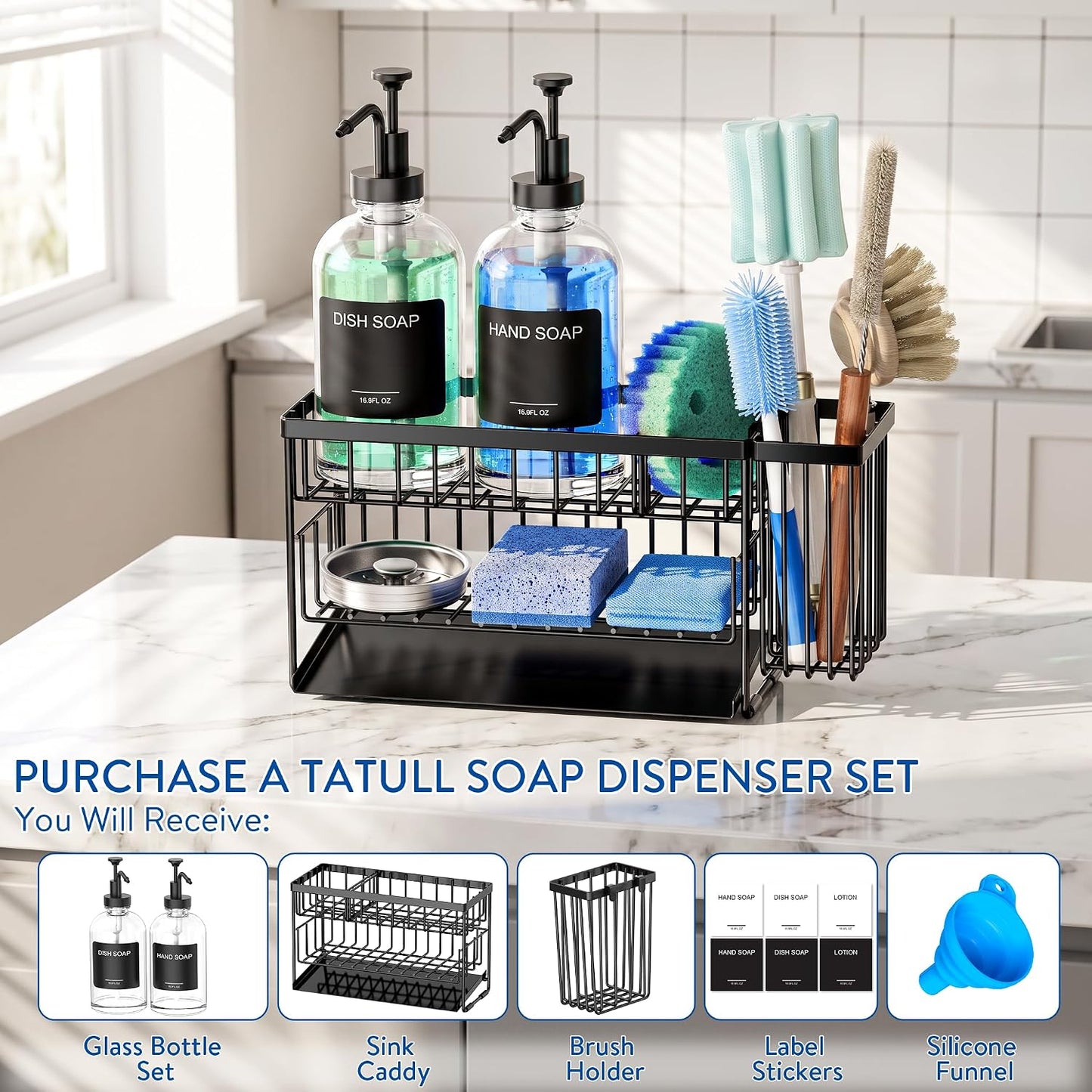 Kitchen Soap Dispenser Set with 2 Tier Sink Caddy with 17oz Glass Bottle | Large Capacity, Automatically Drains Water and Includes a Brush Holder for Storing Long Brushes