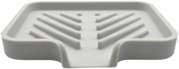 Happitasa Silicone Soap Dish Tray and Sponge Holder with Drain Chute and Feet | 3-Way Sloped Design | Bathroom and Kitchen Sink Organizer Caddy (Light Grey, 5"x4")