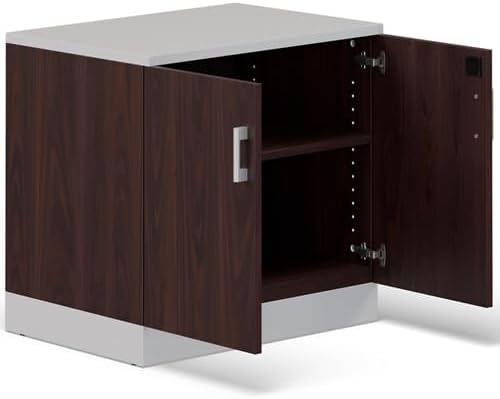 NBF 29.4" H Two Door Storage Cabinet - Walnut Laminate, Modern Office Cabinet with Lockable Doors, 2 Adjustable Shelves, 29.5" H x 31.5" W x 22" D