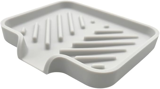 Happitasa Silicone Soap Dish Tray and Sponge Holder with Drain Chute and Feet | 3-Way Sloped Design | Bathroom and Kitchen Sink Organizer Caddy (Light Grey, 5"x4")