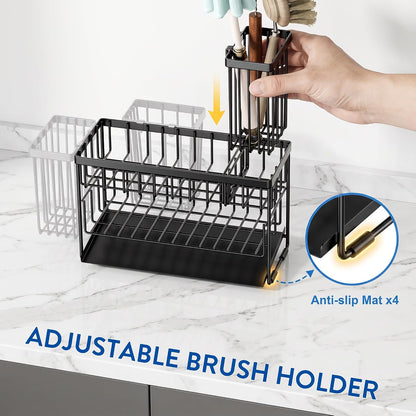 Kitchen Soap Dispenser Set with 2 Tier Sink Caddy with 17oz Glass Bottle | Large Capacity, Automatically Drains Water and Includes a Brush Holder for Storing Long Brushes