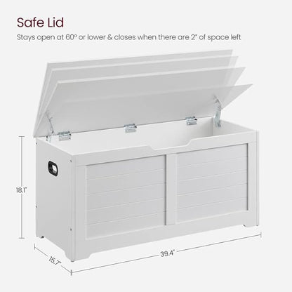 VASAGLE Storage Chest, Storage Bench with 2 Safety Hinges, Farmhouse Style, 15.7 x 39.4 x 18.1 Inches, for Entryway, Bedroom, Living Room, Cloud White ULSB061T10