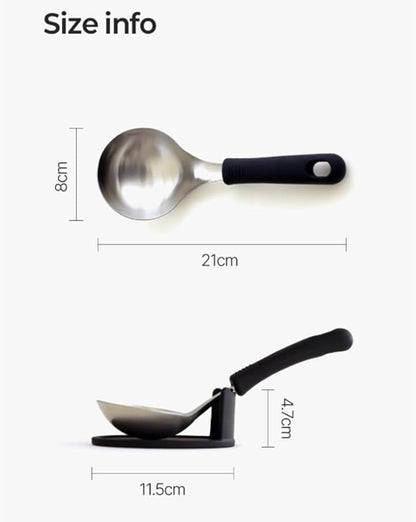 KKU-MIM Wide Head Serving Spoon with Silicon Handle, 8 inch, Stainless Steel, Includes Silicon Matching Rest, Modern Style, Various Color Available (Yellow)