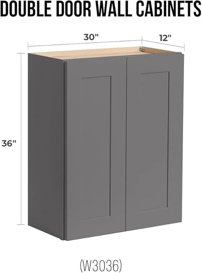 Wall-Mounted Cabinet – Solid Wood Shaker Style Medicine Cabinet with Adjustable Shelves & Soft-Close Doors for Bathroom, Kitchen, and Office Storage (Pebble Gray, 42" W x 12" D x 30" H)