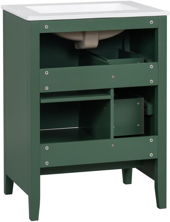 Merax 24 inch Bathroom Vanity with Drawers, Modern White Vanity for Small Bathroom with Adjustable Shelf & Removable Dividers, Easy to Clean Glossy Finish, Dark Green