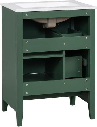 Merax 24 inch Bathroom Vanity with Drawers, Modern White Vanity for Small Bathroom with Adjustable Shelf & Removable Dividers, Easy to Clean Glossy Finish, Dark Green