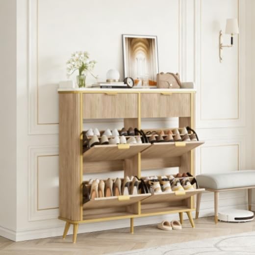 Shoe Cabinet with 4 Flip Drawers and 2 Drawers, Modern Fluted Wood Shoe Storage with Adjustable Shelves, Narrow Slim Shoe Organizer for Entrance, Foyer, Hallway, Nature Oak