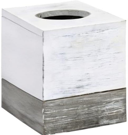 MyGift Tissue Box Cover Square Vintage White and Distressed Gray Wood Bathroom Tissue Box Dispenser Holder with Slide-Out Bottom Panel, Farmhouse Tissue Box Holder 5.5 x 5.5 x 6.3 Inches