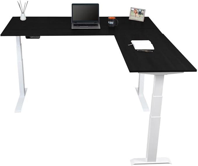 Stand Up Desk Store Triple Motor Electric L-Shaped Corner Standing Desk with EZ Assemble Frame (White Frame/Black Top, 71" W x 71" D)