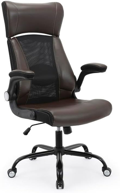Clearance Executive Office Chair, Ergonomic Leather Desk Chair - Widened Adjustable Headrest with Flip-Up Arms, High Back Computer Swivel Task Chair with Lumbar Support, Brown