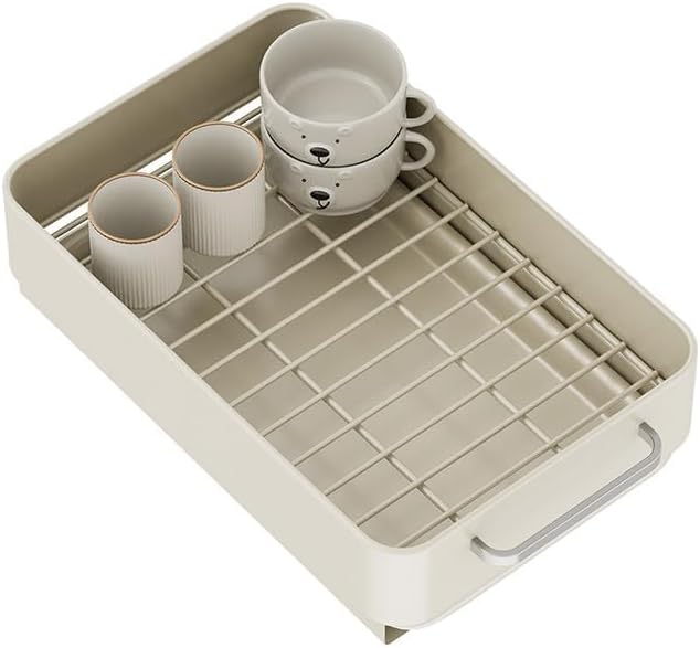 Under Basin Slide-Out Dish Drying Rack (Matte White Flat Mesh): Heavy-Duty Carbon Steel with Drip Tray – Space-Saving Kitchen Cabinet Organizer for Plates/Bowls