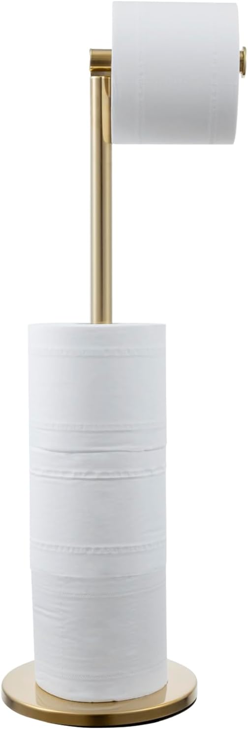 MyGift Modern Brass Tone Metallic Plated Floor Standing Toilet Paper Holder Stand with Roll Reserve Storage Holder, Elegant Freestanding Bathroom Toilet Tissue Dispenser