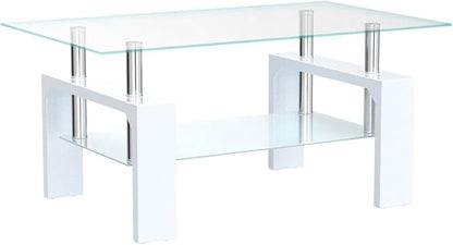 Living Room Rectangle Coffee Table, Tea Table Suitable for Waiting Room, Modern Side Coffee Table with Wooden Leg, Glass Tabletop with Lower Shelf, White 39.5 * 23.5 * 17.5