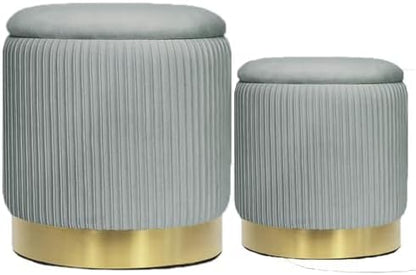 Round Ottoman with Storage Set of 2 Upholstered Velvet Vanity Stool Small Ottoman Coffee Table, Foot Stool, Removable Lid, for Living Room, Bedroom, Hallway, Assembly Free (Light Grey)