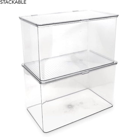 Isaac Jacobs Large Stackable Organizer Bin (10.75” x 6.5” x 6.1”) w Hinged Lid Clear Storage Box Home Office School Fridge Bathroom Kitchen Pantry Container BPAFree Food Safe (Large Clear)