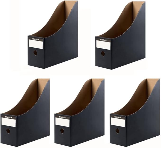 Foldable Desk File Holder Organizer Sturdy Cardboard Magazine Storage Box Document Rack with Blank Label Stickers for Home School Office (5, Matte Black)