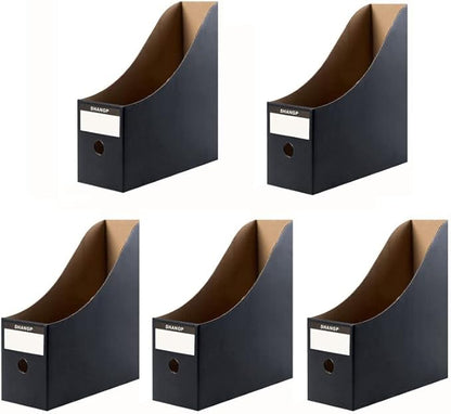Foldable Desk File Holder Organizer Sturdy Cardboard Magazine Storage Box Document Rack with Blank Label Stickers for Home School Office (5, Matte Black)