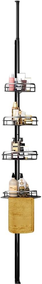 Shower Caddy Corner Tension Pole, 4 Tier Adjustable Corner Shower Organizer with Trays, Floor to Ceiling Tension Shower Caddy with 2 Hooks, 31.5 to 111 Inch, Towel Rack Holder, Black