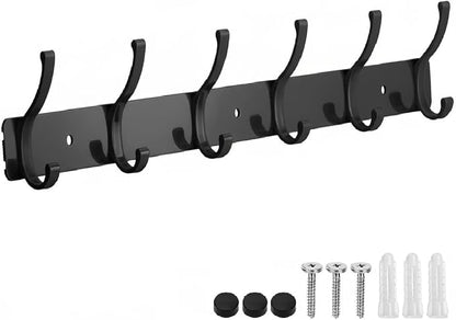 Dntorx Coat Rack Wall Mount, 1 Pack Coat Hooks Hanger Wall Double Hook Rack Rail Towel Hat Rack Entryway Bathroom Hanger Organizer for Robes, Clothes, Bags, Hat(Black)