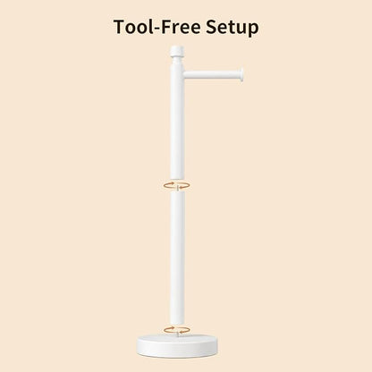YUMORE Toilet Paper Holder Stand, Weighted Base, Matte White | Stainless Steel Design with Open-Arm Access for Bathrooms and Powder Rooms
