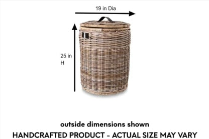 The Basket Lady Round Wicker Laundry Hamper, Large, 19 in Dia x 25 in H, Serene Grey…