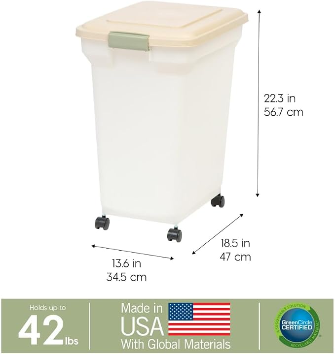 IRIS USA Airtight Dog Food Storage Container, WeatherPro, Up to 40 lbs, Removable Wheels, for Dog Cat Bird and Other Pet Food Storage Bin, Keep Fresh, Translucent Body, Made in USA, Almond/Pearl