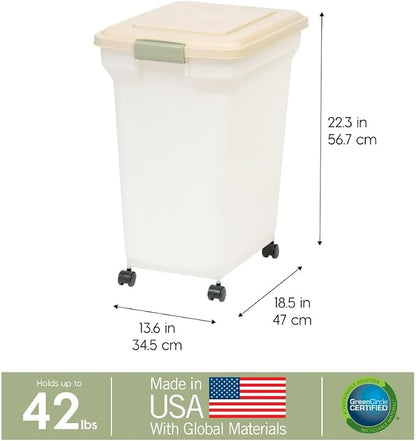 IRIS USA Airtight Dog Food Storage Container, WeatherPro, Up to 40 lbs, Removable Wheels, for Dog Cat Bird and Other Pet Food Storage Bin, Keep Fresh, Translucent Body, Made in USA, Almond/Pearl