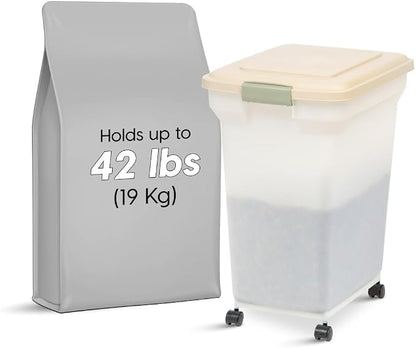 IRIS USA Airtight Dog Food Storage Container, WeatherPro, Up to 40 lbs, Removable Wheels, for Dog Cat Bird and Other Pet Food Storage Bin, Keep Fresh, Translucent Body, Made in USA, Almond/Pearl