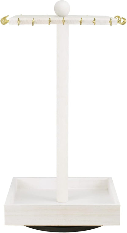 Ikee Design 2 Pcs Set Wooden Rotating Jewelry Display Stand Tower for Shows,Jewelry Organizer for Necklace and Bracelet, Rotating Necklace and Bracelet Holder Organizer,White Color