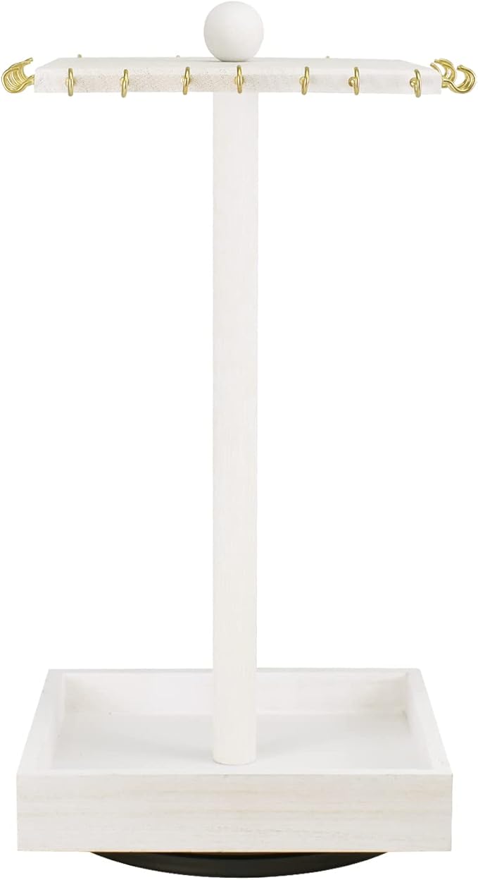 Ikee Design Wooden Rotating Jewelry Organizer,Jewelry Display Tower for Necklace,Bracelet, Rotating Necklace Holder Organizer,Jewelry Stand for Shows, Wash White Color, 7.88 W x 7.88 D x 16 H in