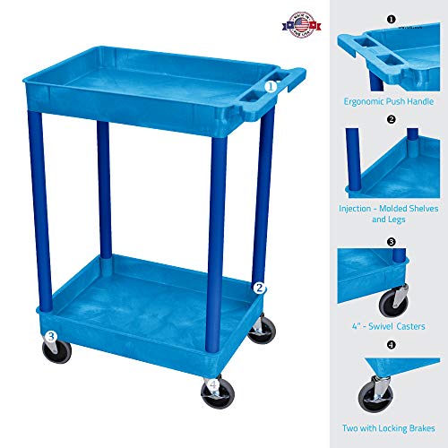 Luxor BUSTC11BU Multipurpose Utility Tub Cart with Two Shelves Each with 2.75" Deep Walls, 300 Lbs. Capacity, Blue, NSF Certified