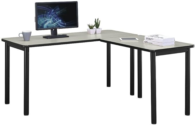nbf signature series Stahl L-Shaped Executive Office Desk - Durable Gray Laminate Computer Desk with Black Steel Frame - Modern Desk with 2 Grommet Holes - 60" W x 60" D Office Work Desk