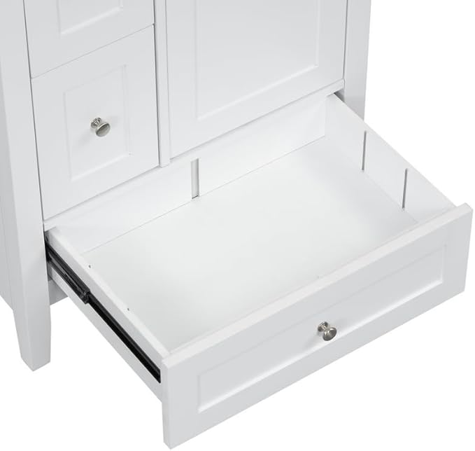Merax 24 inch Bathroom Vanity with Drawers, Modern White Vanity for Small Bathroom with Adjustable Shelf & Removable Dividers, Easy to Clean Glossy Finish, White