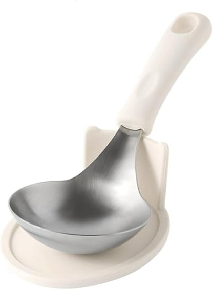 KKU-MIM Wide Head Serving Spoon with Silicon Handle, 8 inch, Stainless Steel, Includes Silicon Matching Rest, Modern Style, Various Color Available (White)