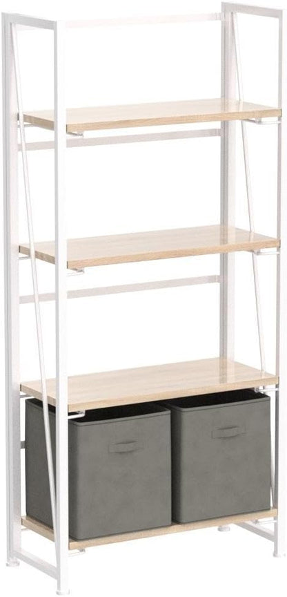 4NM No Assembly Folding Bookshelf Storage Shelves 4 Tiers Vintage Bookcase Standing Racks Study Organizer Home Office (Natural White)