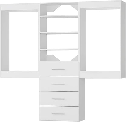ROOMTEC Modular Closet System, 84" Wall-Mounted Closet Organizer with Drawers and Hanging Rods, Wooden Tower for Walk-In Closets, Wardrobe Storage Kit, White