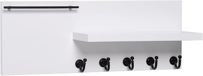 SANY DAYO HOME Real Wood Key Holder Rack Wall Mount 16 x 6 inches White Entryway Shelf with 5 Black Hooks, Metal Sunglass Bar, and Floating Board for Keychain, Purse