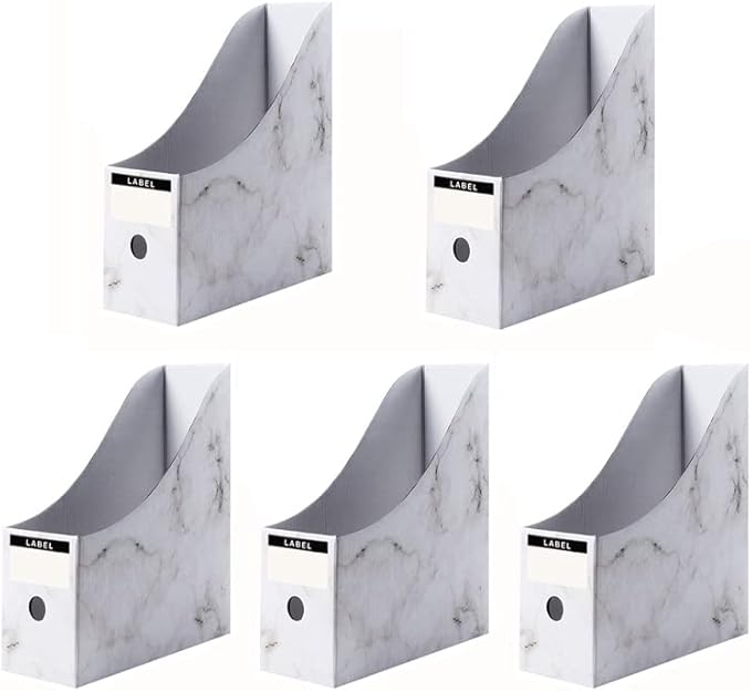 Foldable Desk File Holder Organizer Sturdy Cardboard Magazine Storage Box Document Rack with Blank Label Stickers for Home School Office (5, Marble)