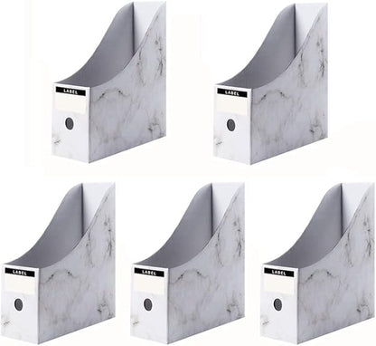 Foldable Desk File Holder Organizer Sturdy Cardboard Magazine Storage Box Document Rack with Blank Label Stickers for Home School Office (5, Marble)