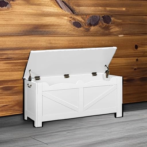 39.4" Storage Chest, Extra Large Storage Trunk with 2 Hinges, Wooden Box Bench, Lift-Top Organizer Chest, Shoe Bench for Entryway, Bedroom, Living Room, White SB04503X