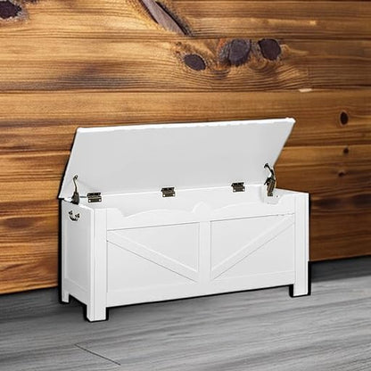 39.4" Storage Chest, Extra Large Storage Trunk with 2 Hinges, Wooden Box Bench, Lift-Top Organizer Chest, Shoe Bench for Entryway, Bedroom, Living Room, White SB04503X
